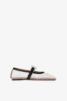 Ballet flats in white mesh and black croco-embossed leather