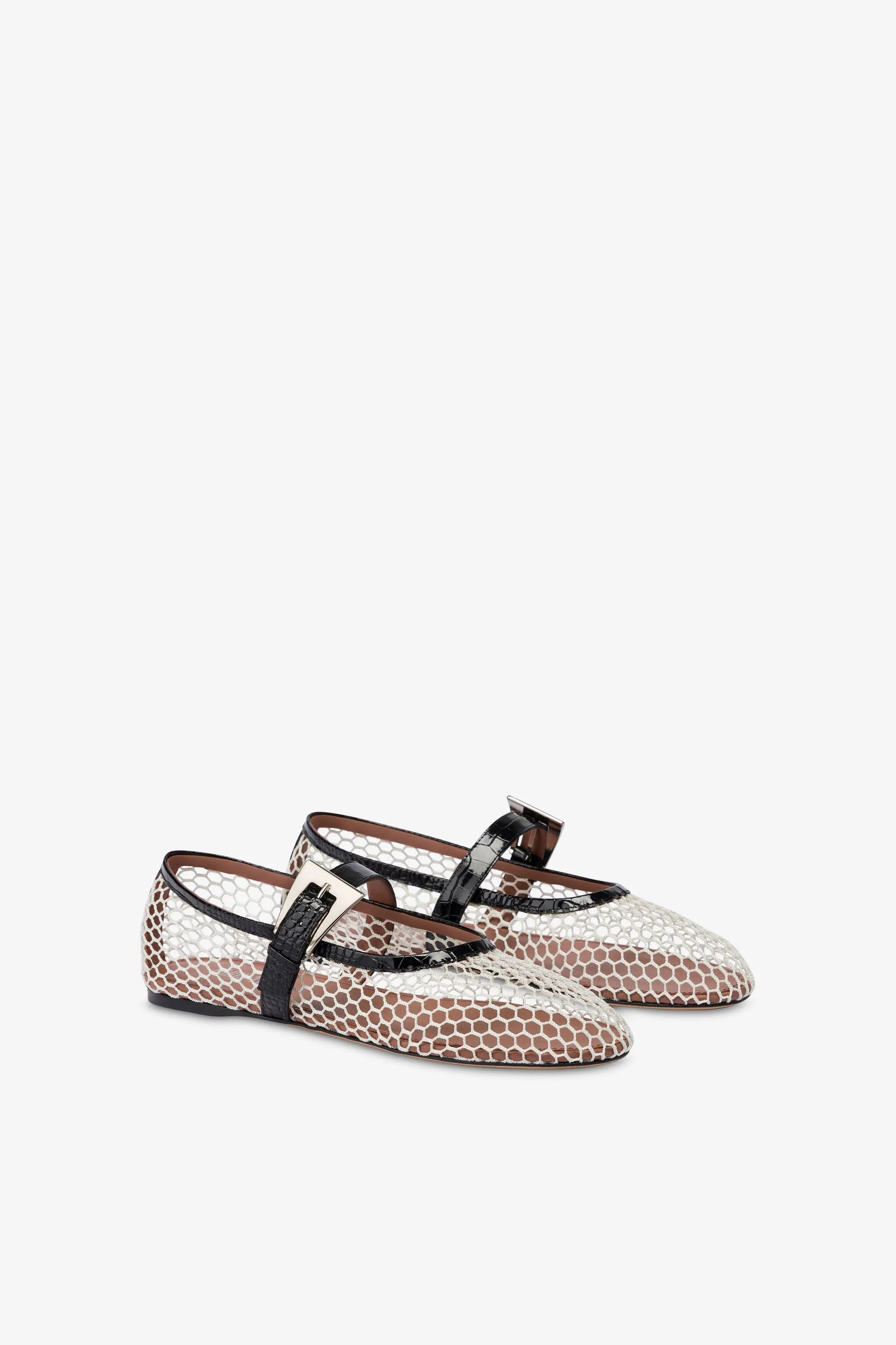 Ballet flats in white mesh and black croco-embossed leather