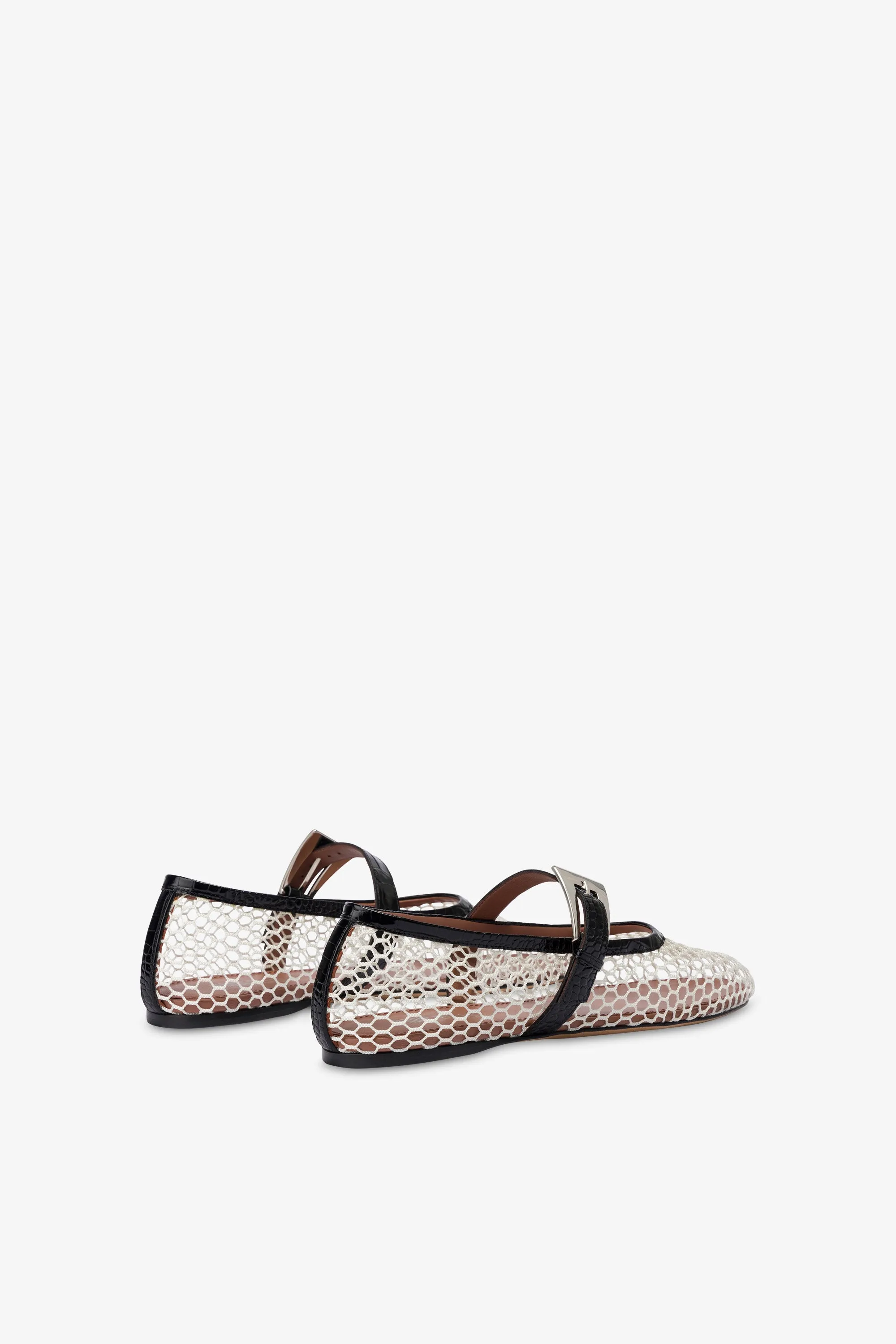 Ballet flats in white mesh and black croco-embossed leather