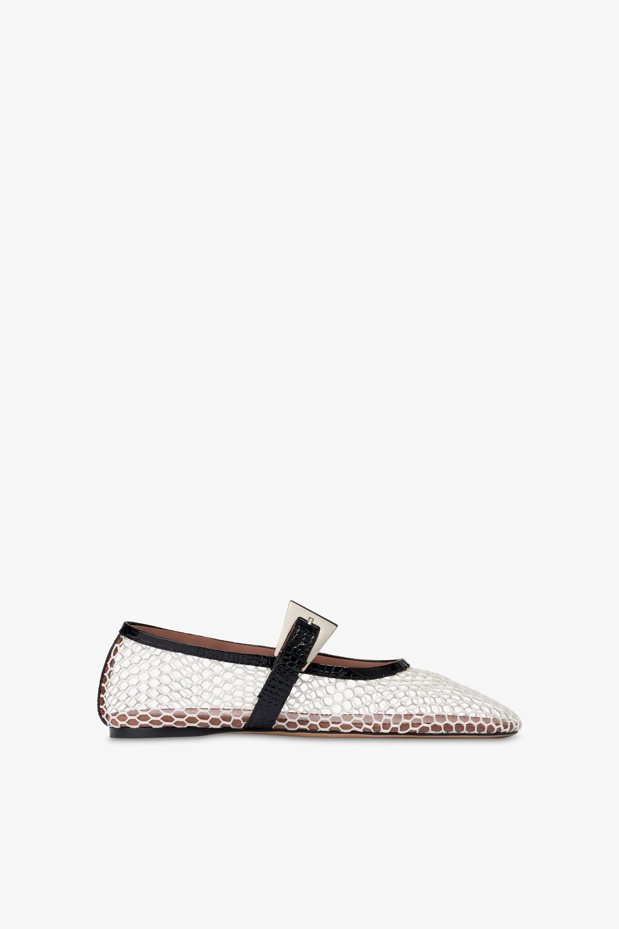 Ballet flats in white mesh and black croco-embossed leather