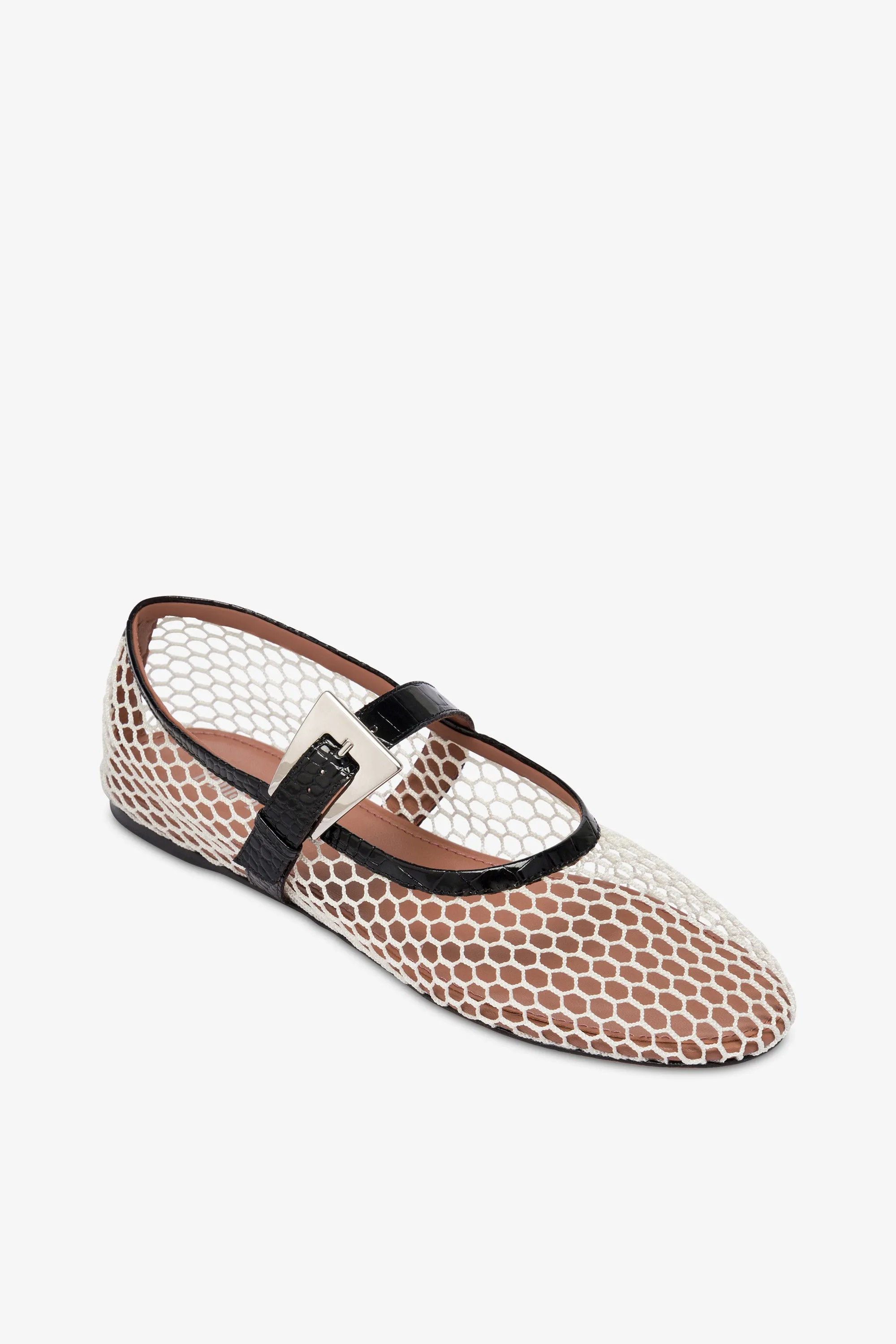 Ballet flats in white mesh and black croco-embossed leather