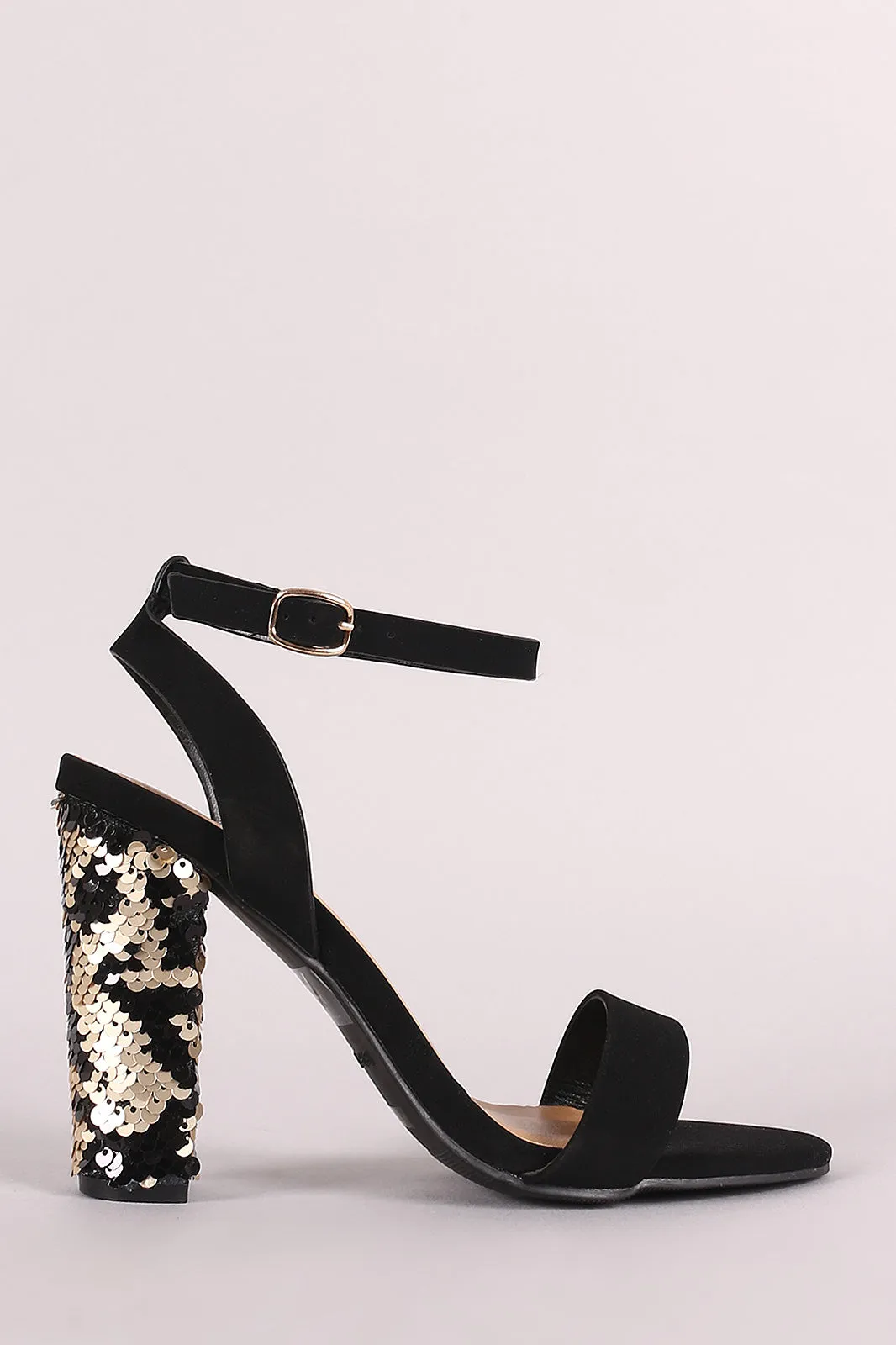 Bamboo Ankle Strap Sequins Covered Chunky Heel