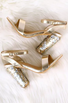 Bamboo Ankle Strap Sequins Covered Chunky Heel