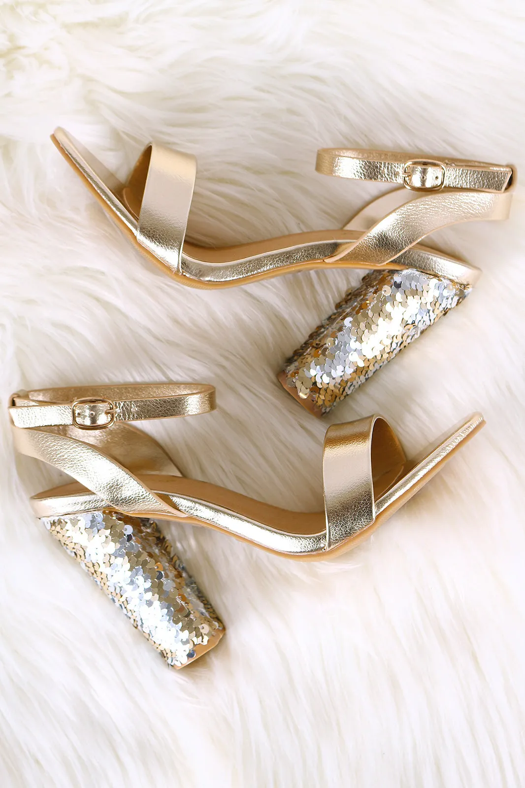 Bamboo Ankle Strap Sequins Covered Chunky Heel