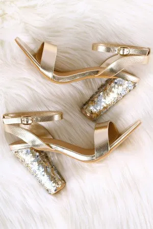 Bamboo Ankle Strap Sequins Covered Chunky Heel