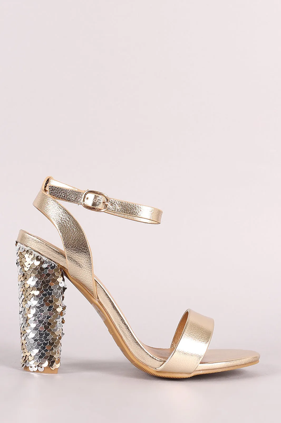 Bamboo Ankle Strap Sequins Covered Chunky Heel