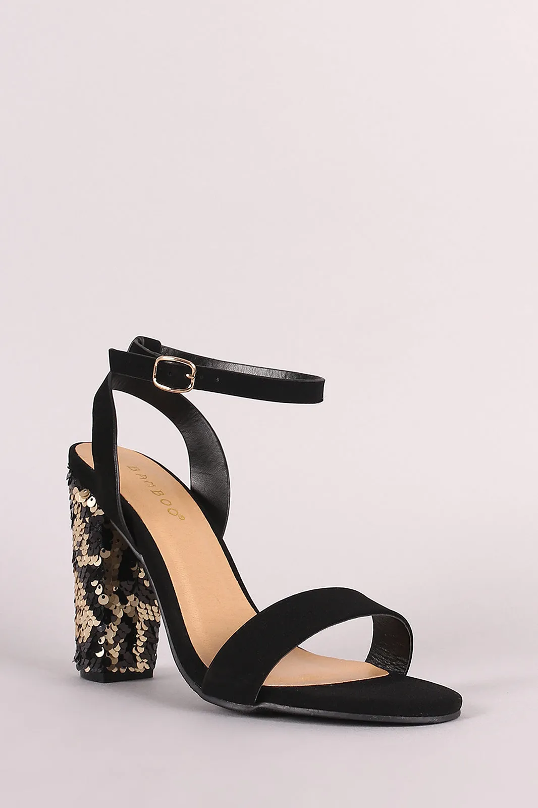 Bamboo Ankle Strap Sequins Covered Chunky Heel