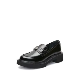 Black ST Buckle Leather Loafers