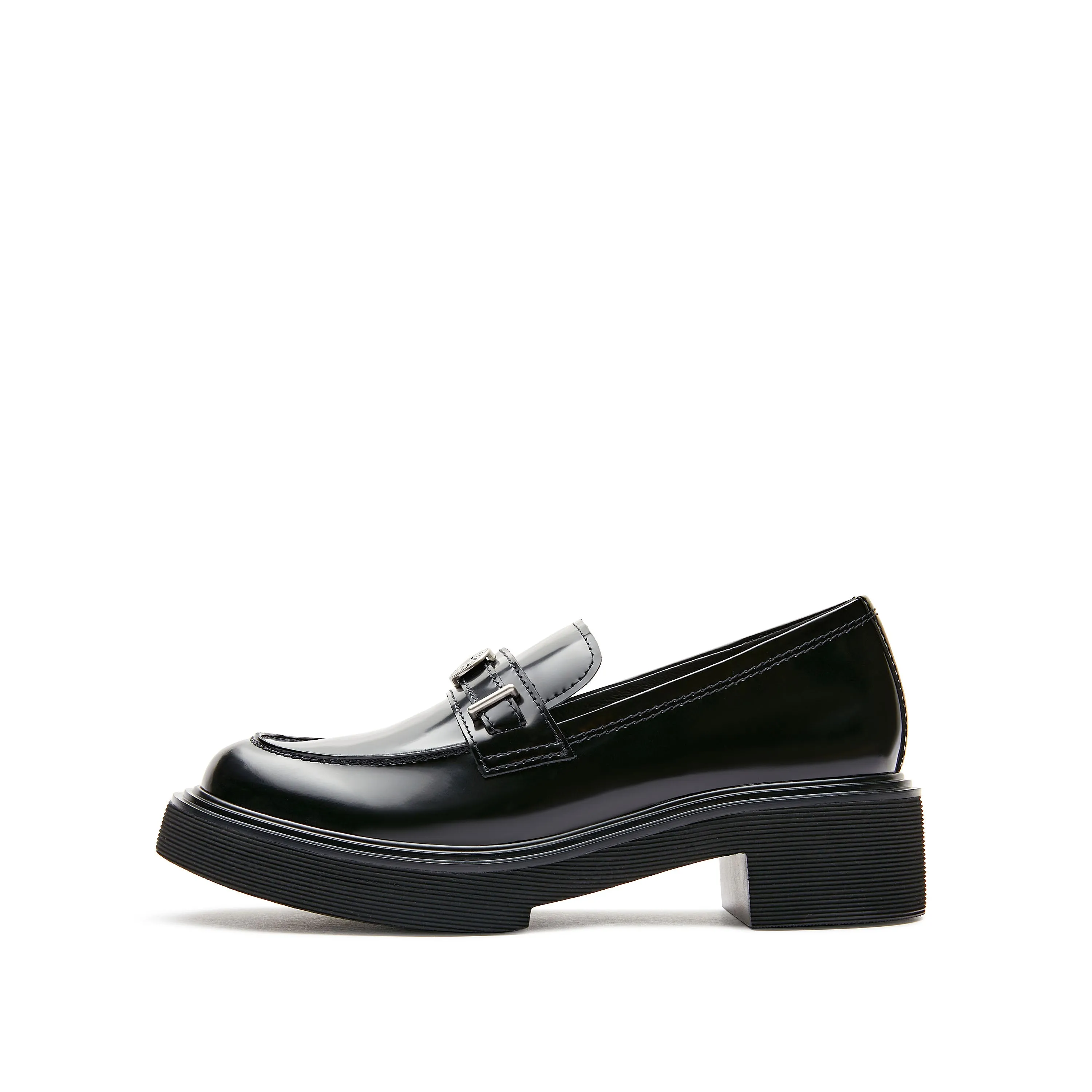 Black ST Buckle Leather Loafers