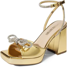 DREAM PAIRS Women's Double Bowknots Platform Chunky Heels Rhinestone High Square Toe Dress Sandals for Wedding Bridal Party