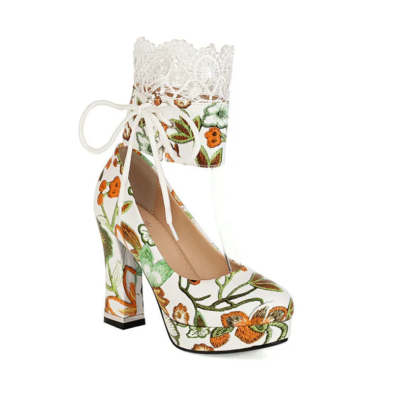 Elegant flower embroidery chunky high heels pumps Lace stitching ankle wrap wedding party bridal pumps