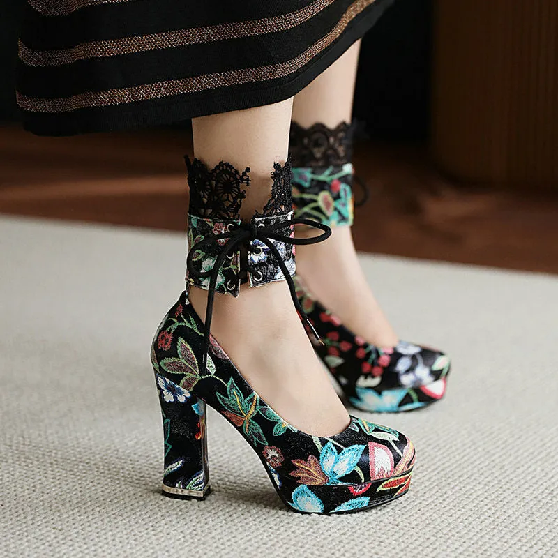 Elegant flower embroidery chunky high heels pumps Lace stitching ankle wrap wedding party bridal pumps
