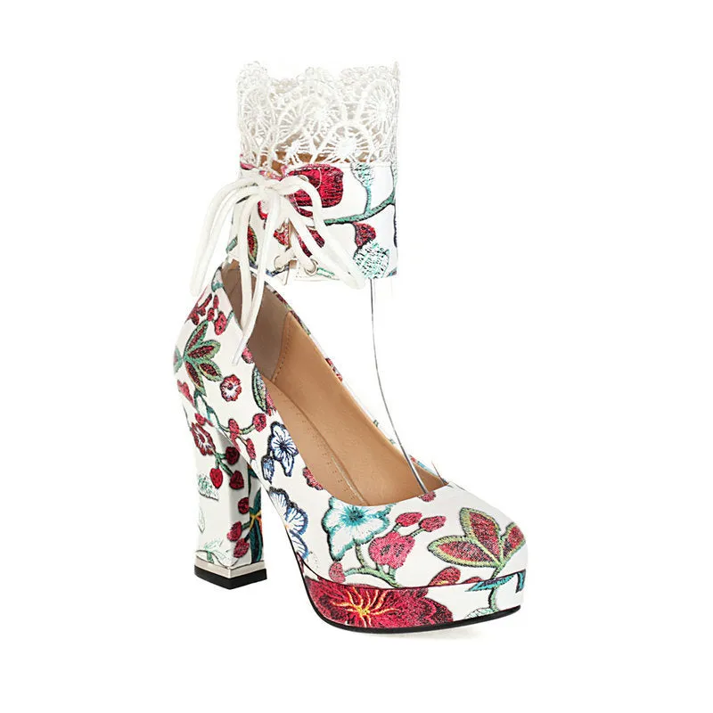 Elegant flower embroidery chunky high heels pumps Lace stitching ankle wrap wedding party bridal pumps