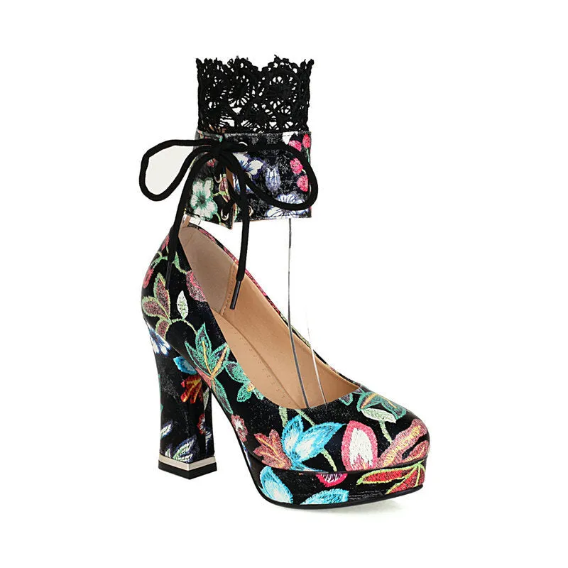 Elegant flower embroidery chunky high heels pumps Lace stitching ankle wrap wedding party bridal pumps