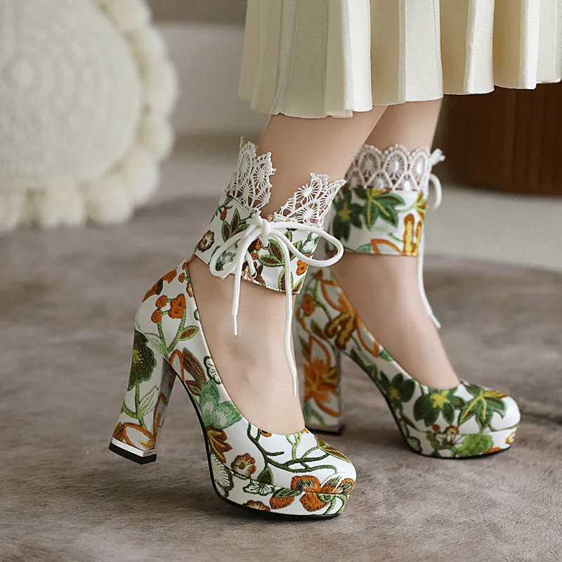Elegant flower embroidery chunky high heels pumps Lace stitching ankle wrap wedding party bridal pumps