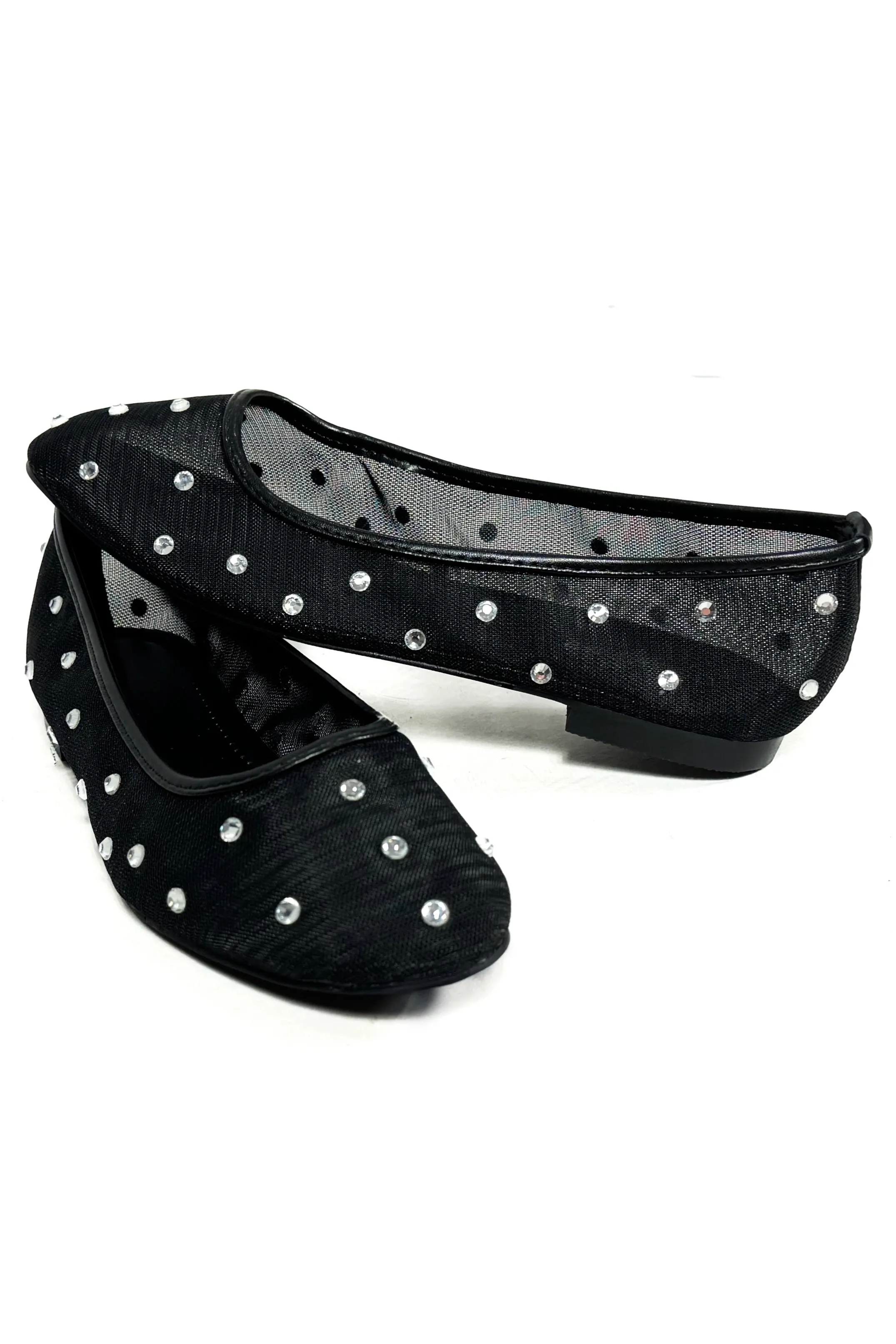 Just Effortless Mesh Rhinestone Ballet Flats in Black