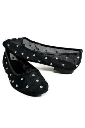 Just Effortless Mesh Rhinestone Ballet Flats in Black