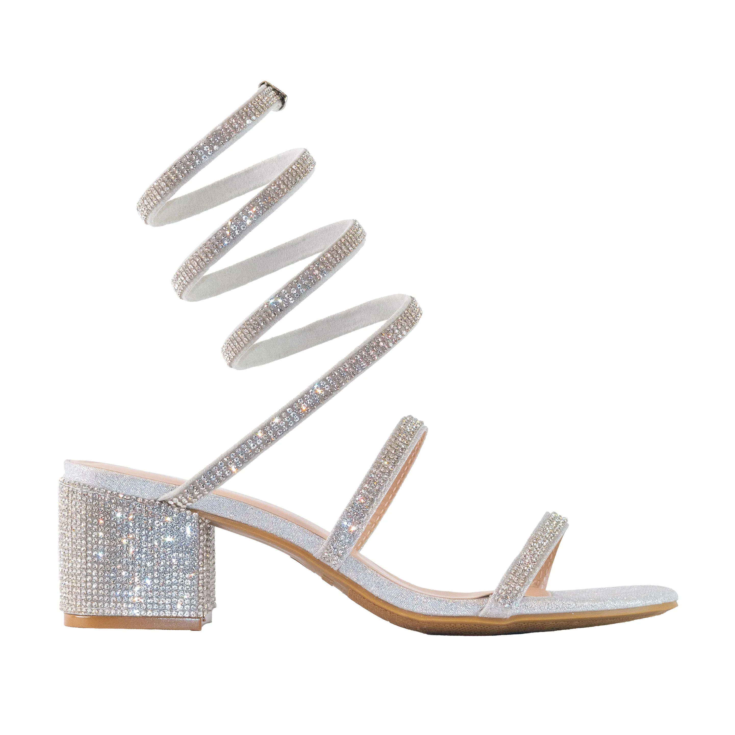 Nataly - Embellished Spiral Coil Strap Block Heels, All-Around Rhinestone Detailing, Glamorous Party Footwear, Bold & Eye-Catching Design