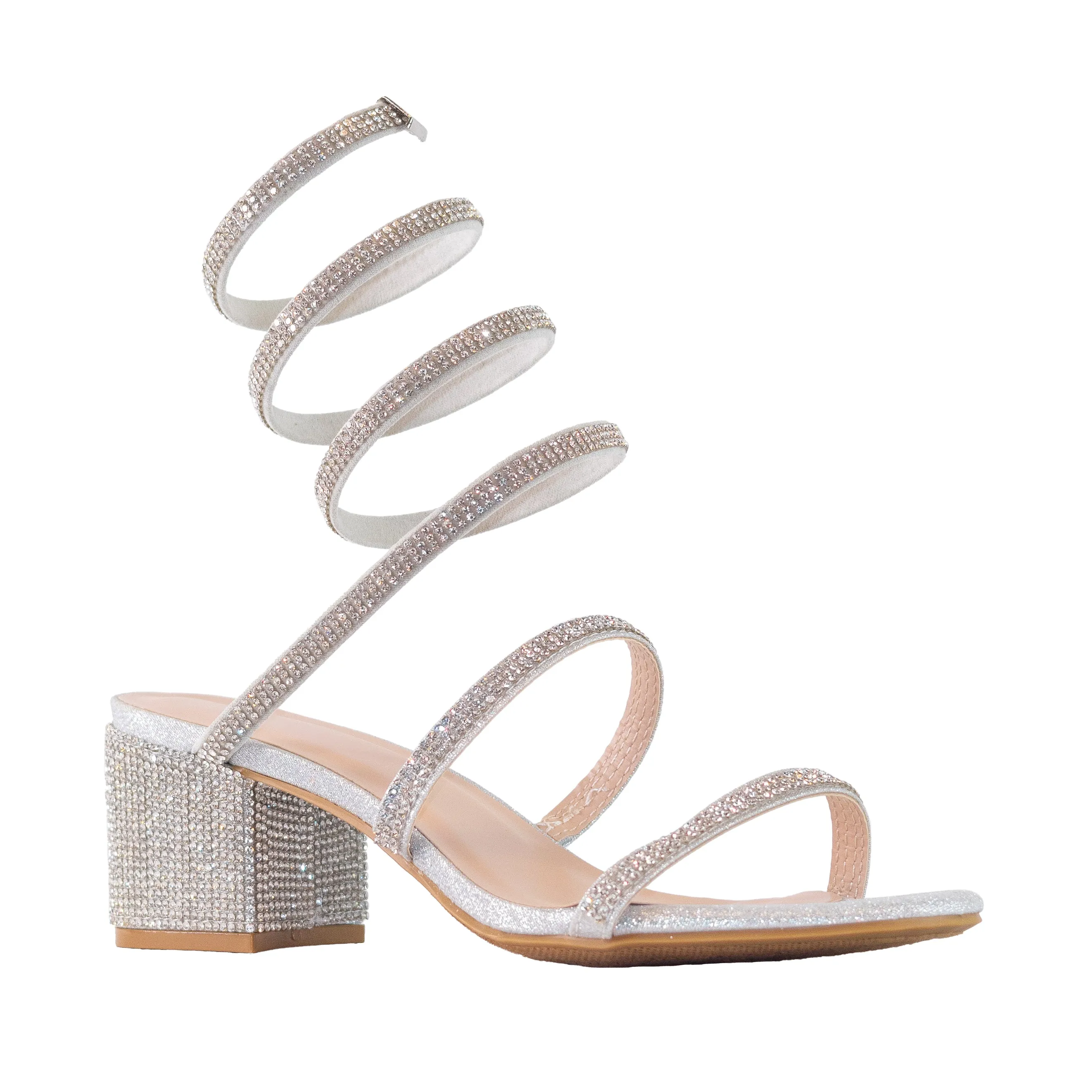 Nataly - Embellished Spiral Coil Strap Block Heels, All-Around Rhinestone Detailing, Glamorous Party Footwear, Bold & Eye-Catching Design
