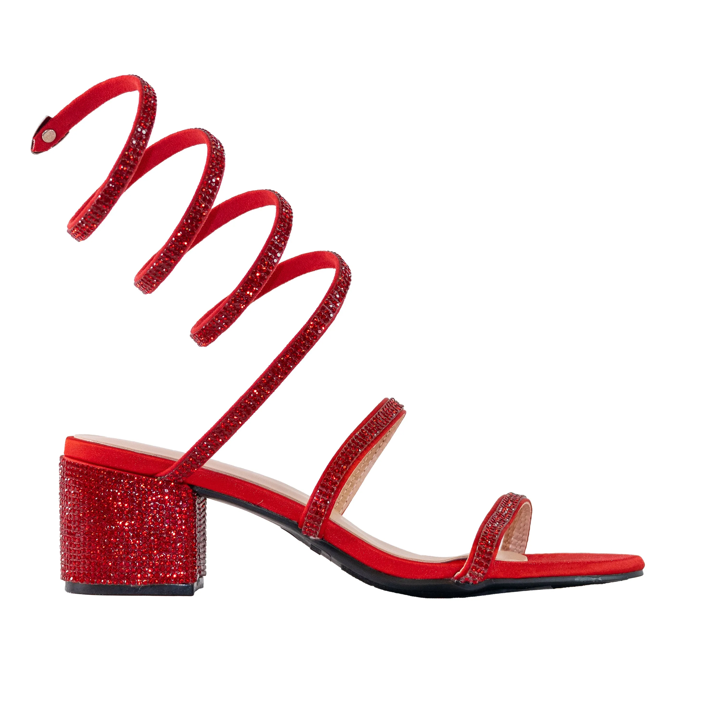 Nataly - Embellished Spiral Coil Strap Block Heels, All-Around Rhinestone Detailing, Glamorous Party Footwear, Bold & Eye-Catching Design