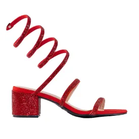Nataly - Embellished Spiral Coil Strap Block Heels, All-Around Rhinestone Detailing, Glamorous Party Footwear, Bold & Eye-Catching Design