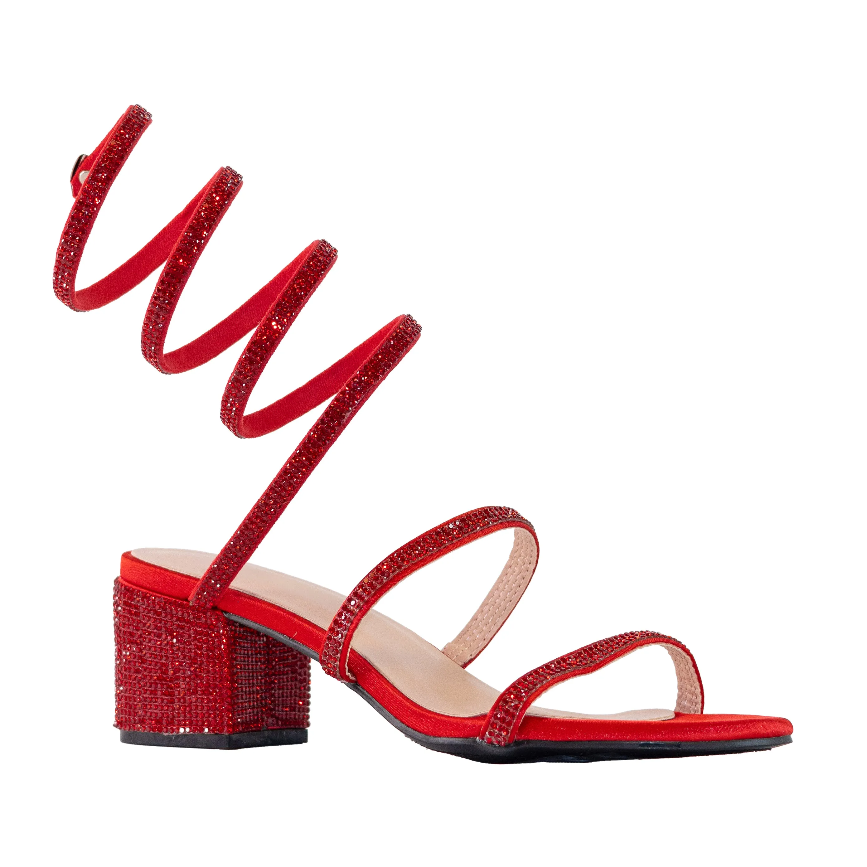 Nataly - Embellished Spiral Coil Strap Block Heels, All-Around Rhinestone Detailing, Glamorous Party Footwear, Bold & Eye-Catching Design