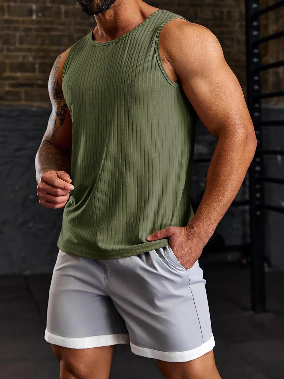 Runcati Men's Ribbed Tank Tops Knit Sleeveless Workout T Shirt Muscle Gym Fitness Tee