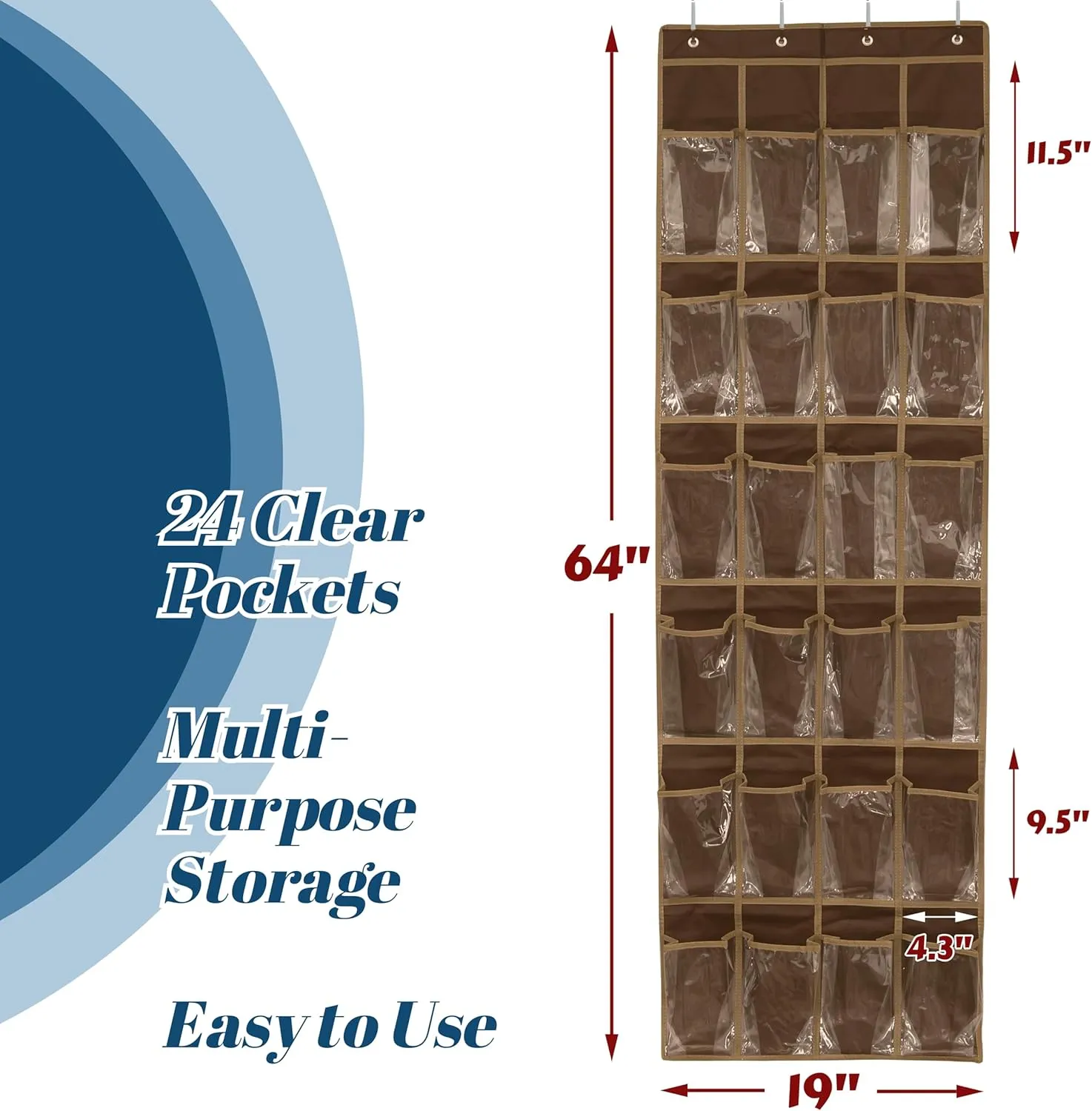 Simple Houseware 24 Pockets - Crystal Clear Over The Door Hanging Shoe Organizer, Brown (64'' x 19'')