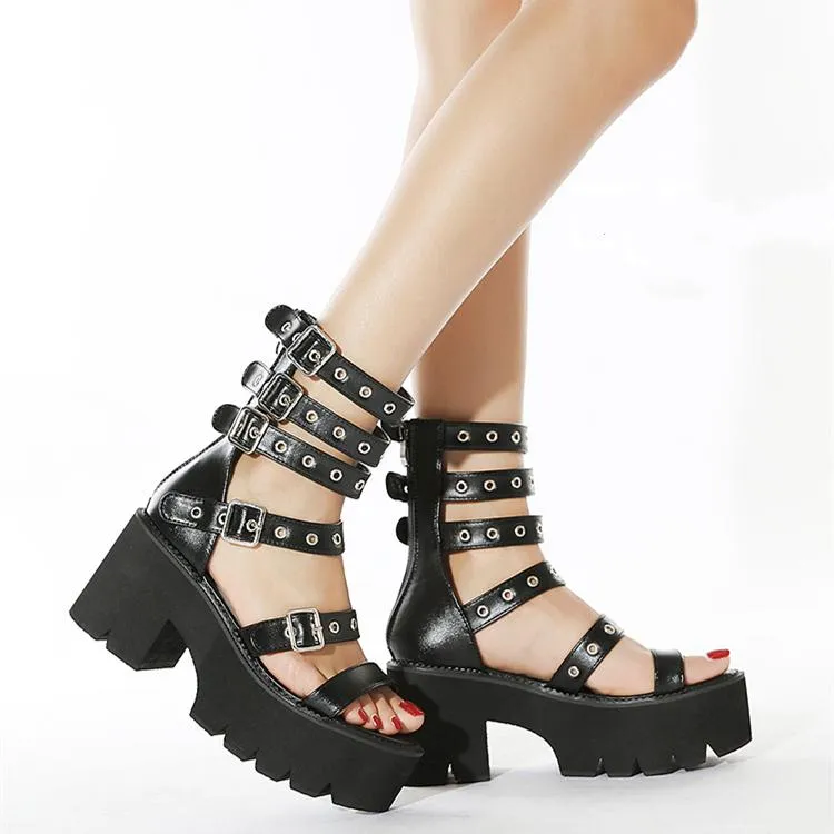 Women punk buckle strap chunky platform high heel roman sandals
