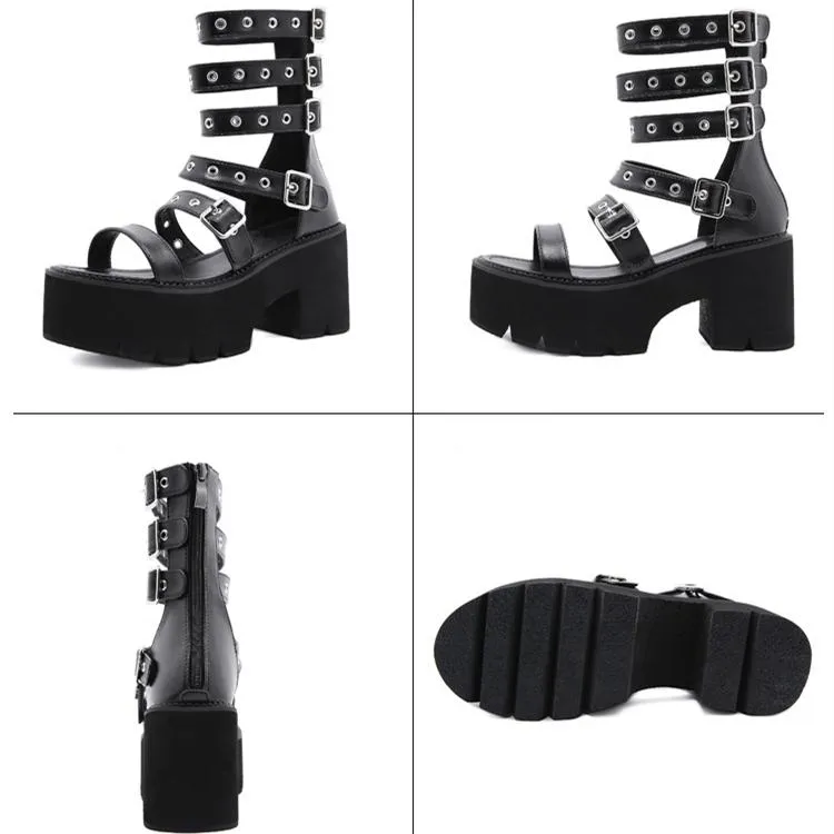 Women punk buckle strap chunky platform high heel roman sandals