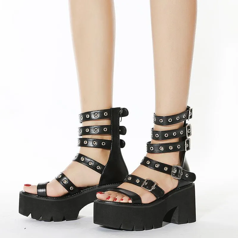 Women punk buckle strap chunky platform high heel roman sandals
