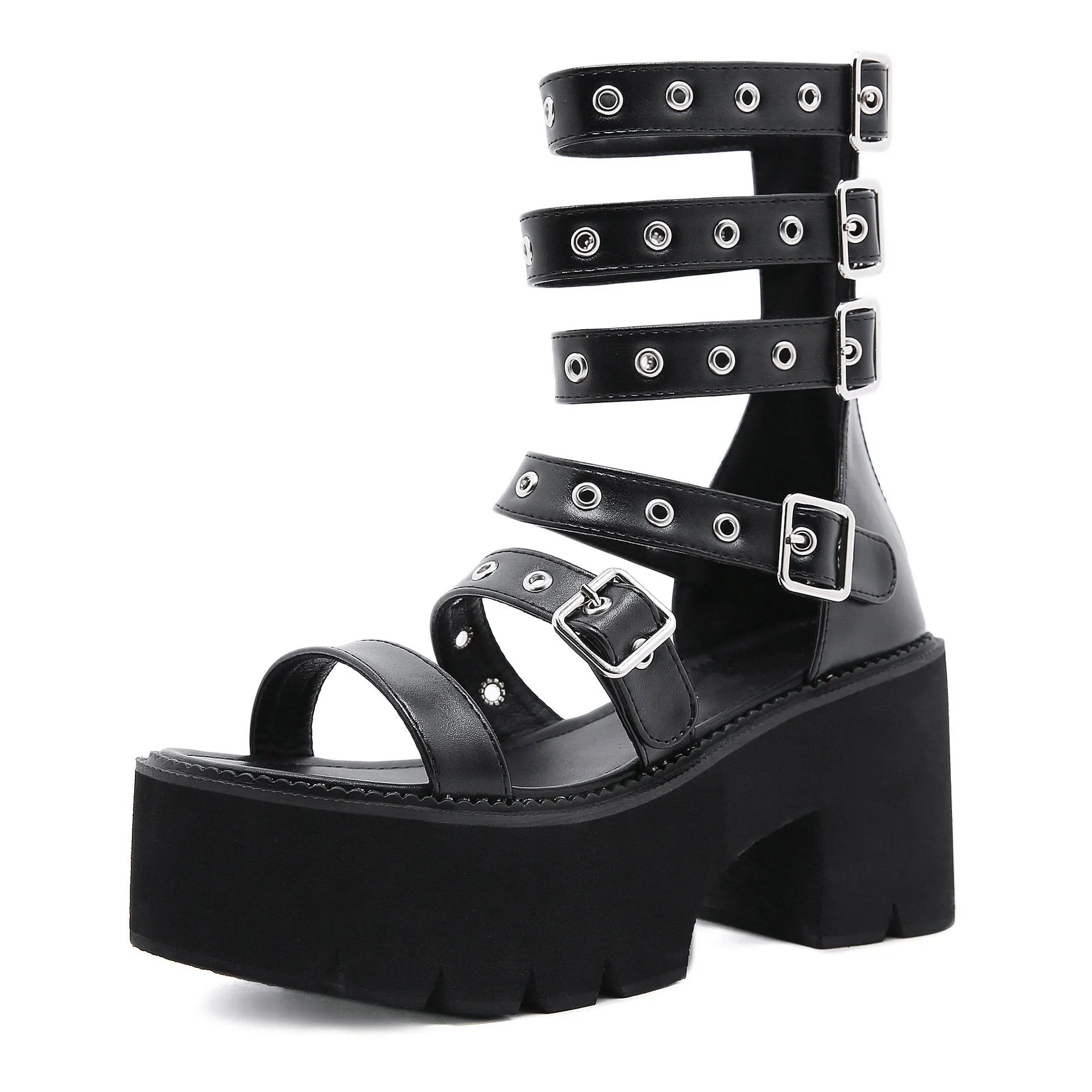 Women punk buckle strap chunky platform high heel roman sandals