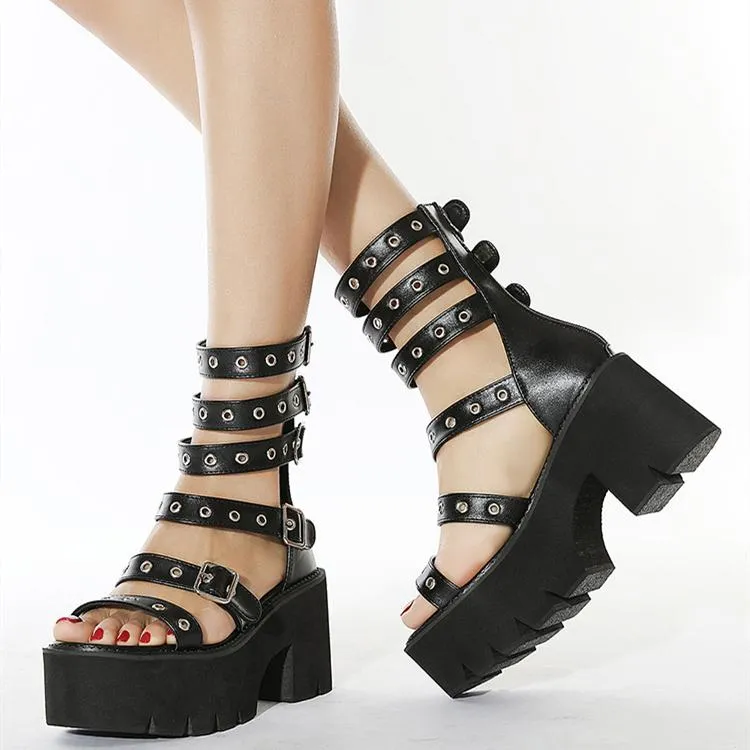 Women punk buckle strap chunky platform high heel roman sandals