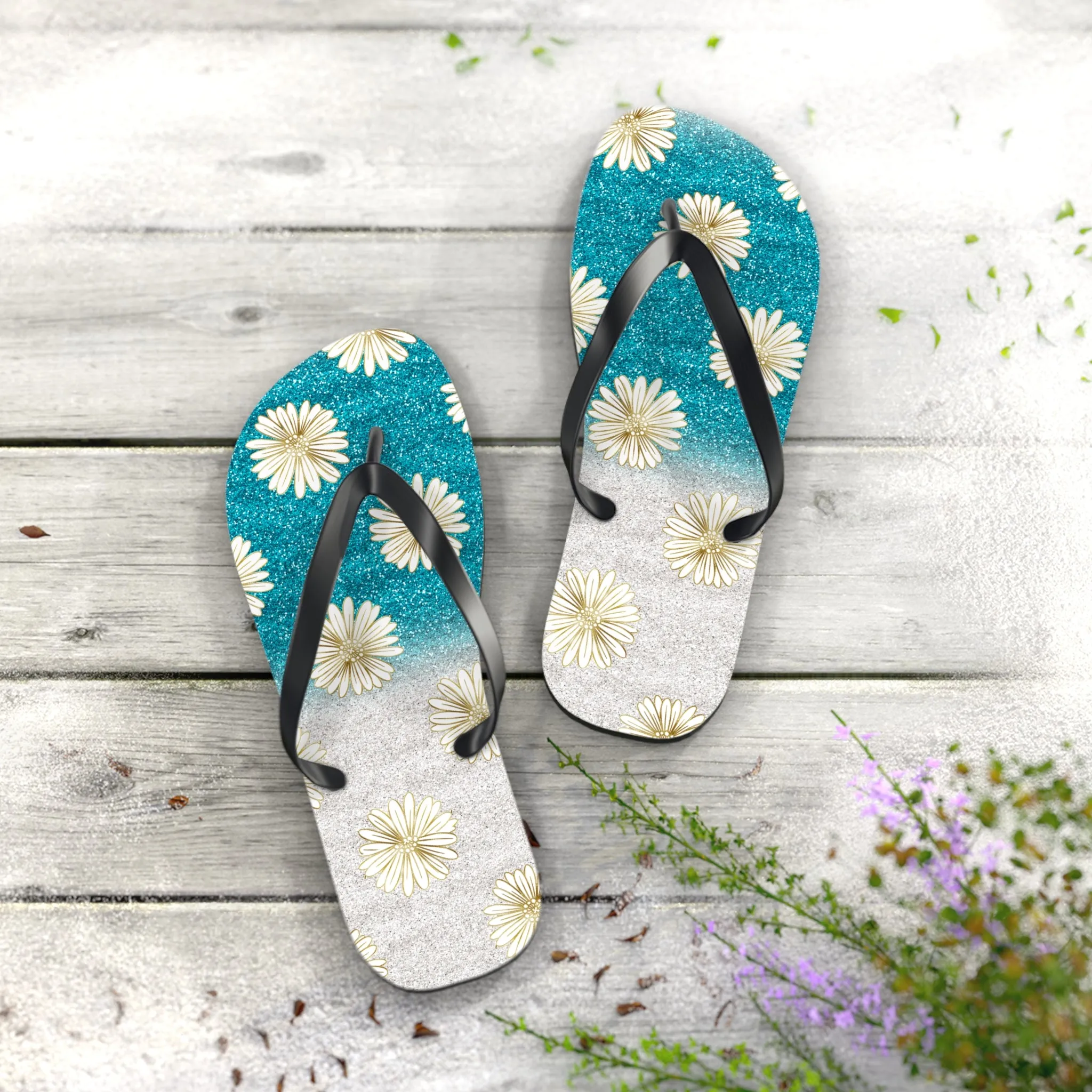 Women's Daisy Flip Flops / Sparkle Beach Flip Flops
