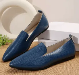 Women’s PU Leather Loafers - Pointed Toe Ballet Flats with Stone Pattern